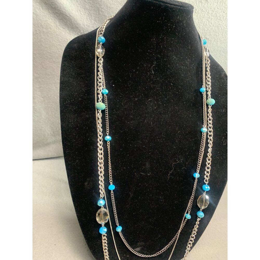 Layered Silver Tone Chain Necklace with Blue & Clear Beads Jewelry 42” - Picture 3 of 7